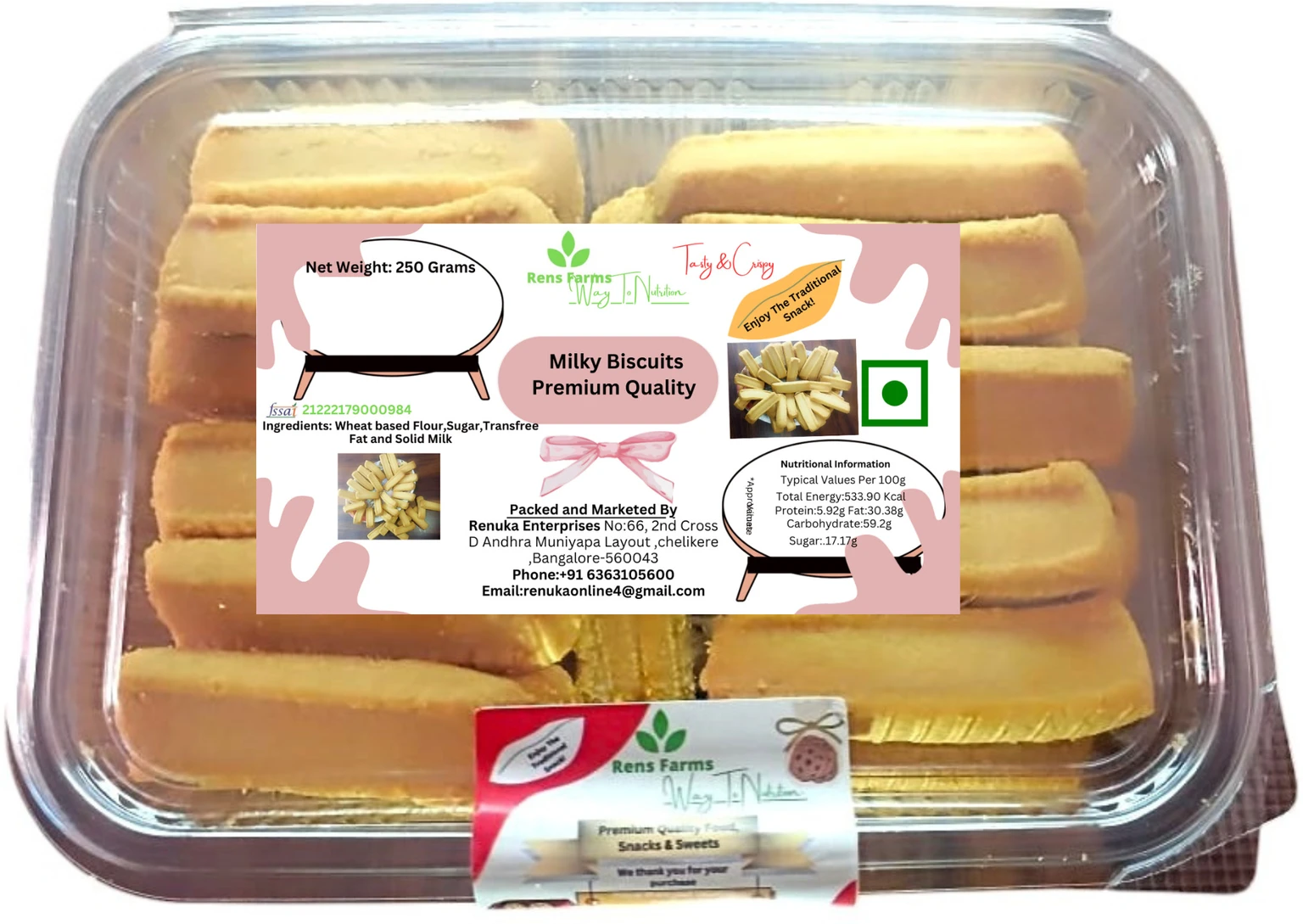 Rens Farms Baked Delight Hand Rolled Premium Milk Cookies Biscuit (250 g)