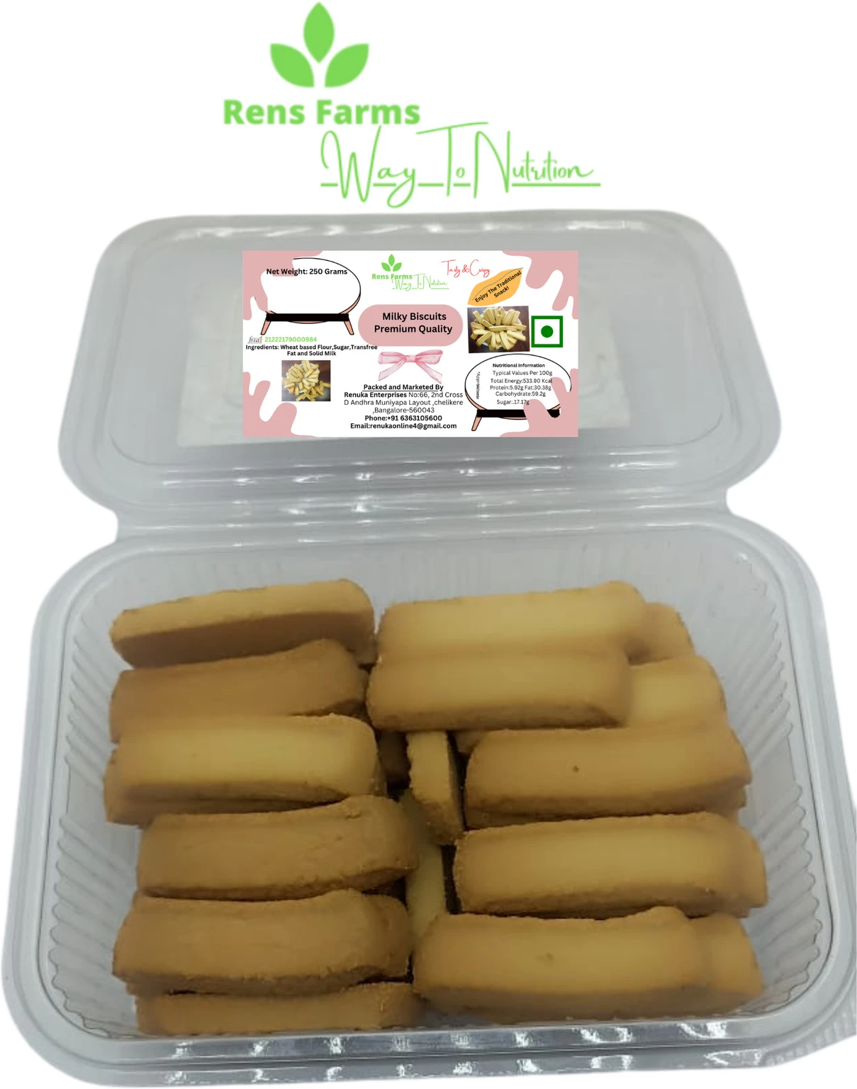 Rens Farms Baked Delight Hand Rolled Premium Milk Cookies Biscuit (250 g)2