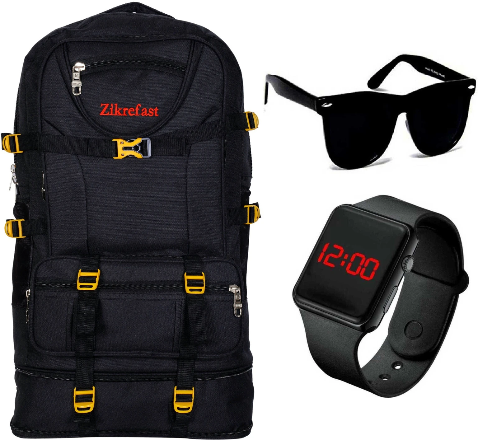 Zikrefast Stylish tuff Quality trekking rucksack bag & ( 1 ) Stylish Watch ( & ) Wayfer Sunglass Waterproof Multipurpose Bag (Black, 55 L)