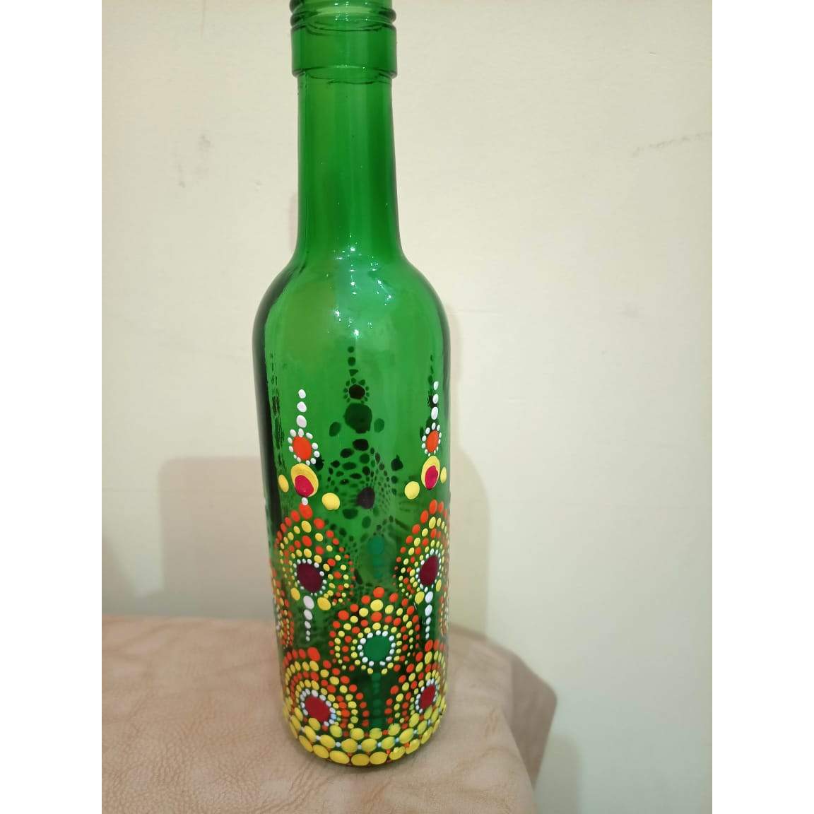 Hand Painted Decorative Bottle (Green) – Embroidery Art Style