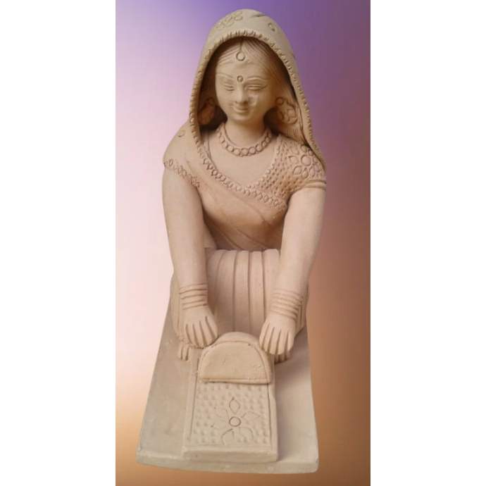 Handcrafted Terracotta Village Woman Grinding Stone Statue