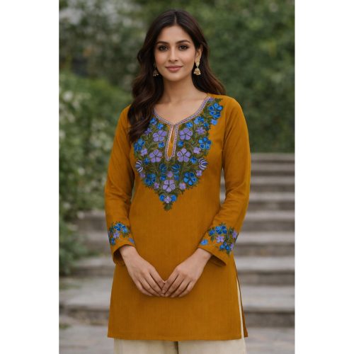 Mukhtalif Aari Embroidered Kashmiri Pheran Dark Yellow Kurti with Blue Design3
